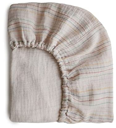 Mushie Musselin Spannbettlaken | Baby & Kinder Spannbetuch 60x20x120 cm | Atmungsaktive 100% Baumwolle | Sichere & Hochwertige für Kleinkinder Kinder Jungs & Mädchen (Retro Streifen-Medium)