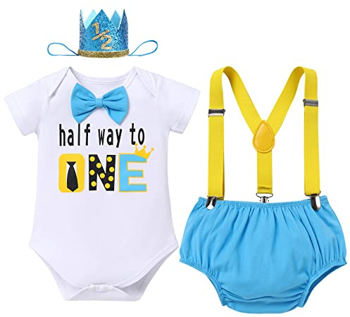 Infant Baby Boy 1/2 Half Way to One Birthday Party Outfit Cake Smash Outfit Bowtie Romper+Diaper Cover Pants+Y-Back Suspenders + Birthday Hat 4PCS Set Gentleman Clothes Photo Shoot White+bule+half 6M