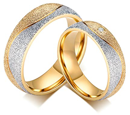 Daesar Paar Ringe Edelstahl, Eheringe Gold 6MM mit Stein Bandringe Partnerringe für 2 Damen Gr.62 (19.7) & Herren Gr.62 (19.7)