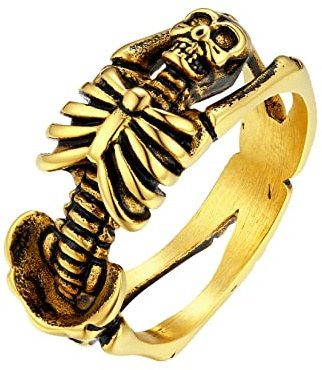 U7 Skeleton Ring for Men Women, Stainless Steel Skull Gothic Halloween Jewellery, Silver/Gold/Black Plated, Size 7-14, with Gift Packaging