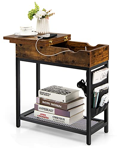 COSTWAY Sofa Side Table with Charging Station, Industrial Slim Nightstand Bedside End Table with Flip Top, Storage Shelf and Side Pocket, Narrow Coffee Snack Tea Table for Living Room Bedroom Office