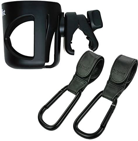 Spar Set - Babies1st Getränkehalter Kinderwagen, Schraubklemme mit Anti-Rutsch Einsatz + Kinderwagen Haken aus Aluminum mit Klettband aus Kunstleder Schwarz (2 St.)