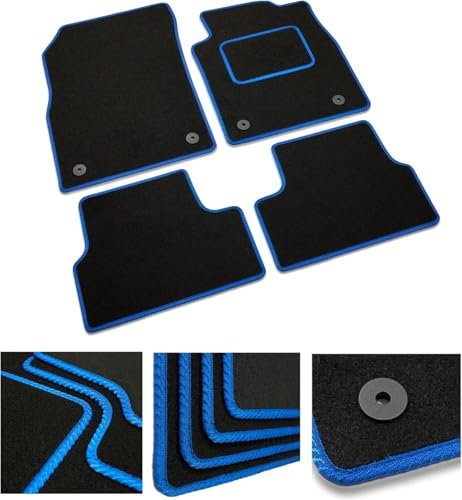 DB Bespoke - Tailored Car Mats - Compatible with Dacia Duster 2013-2017 - Black Carpet - Non-Slip Carpet Mat - 4 pc Complete Car Floor Mats with Velcro clips - Black with Blue Trim