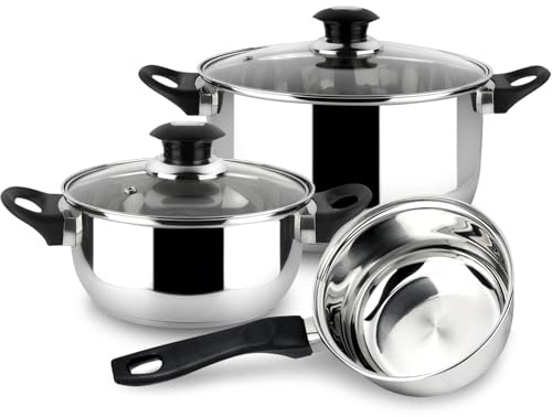 Magefesa Family - Juego de Cocina, Acero Inoxidable, 5 Piezas, Incluye 2 Cacerolas + Cazo + 2 Tapas de Vidrio, Todo tipo de Cocinas, Induccion