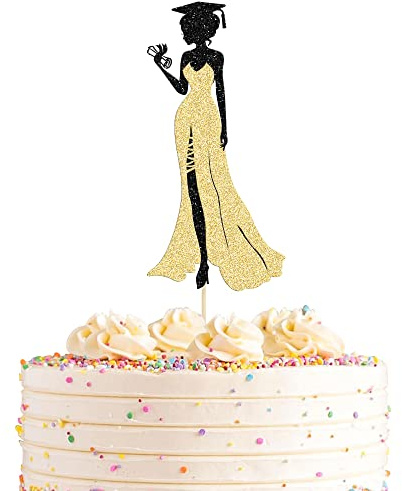 Tortenaufsatz 2023 mit Glitzerkappe, Diplom, High Heel, Mädchen-Kuchenaufsatz für Senioren-Mottopartys, goldfarben, 1 Stück