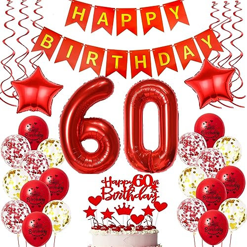 Deko 60. Geburtstag frauen Rot ,Geburtstagsdeko 60 jahre frauen Luftballons 60 Geburtstag dekoration Rot,Folienballon 60 Geburtstag deko frauen Rot Tortendeko 60 Geburtstag frau deko rot