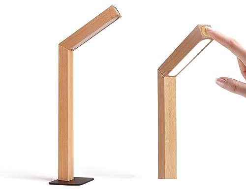 ACMHNC LED Akku Tischlampe aus Holz, USB Aufladbar Kabellos Tischleuchte Touch Dimmbar 5000K, 180° drehbar & Abnehmbare Holzlampe Magnetische für Schlafzimmer, Lesen, Arbeit (A)