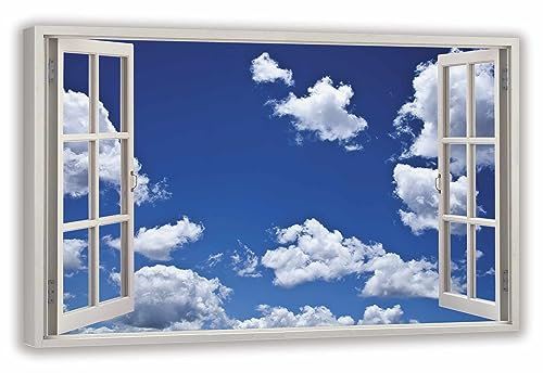 HUBDECO Leinwandbild Fensterblick Wolken Bild 120x80 cm - Landschaftsbilder auf Leinwand - Wandbilder Wohnzimmer - Bild Fenster mit Ausblick - Aesthetic Room Decor - Wanddeko Schlafzimmer