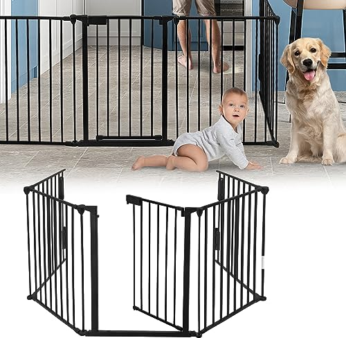 TRMLBE Kaminschutzgitter 300cm Kinderschutzgitter Faltbar Kinderschutz Ofenschutzgitter mit Tür Höhe 75cm für Kinder und Hunde, Schwarz (inkl. 5 Elemente)