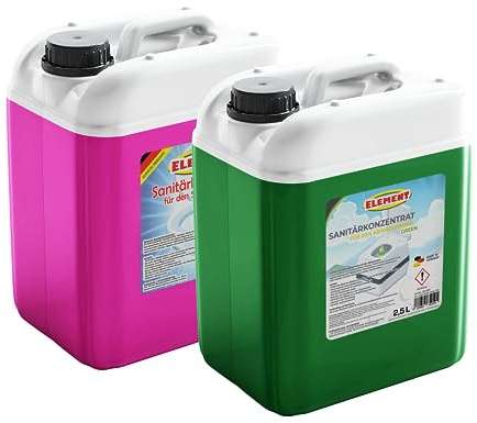Sanitärflüssigkeit für Campingtoiletten I Set 2 x 2,5 Liter I GREEN & Spülwasssertank I für Frisch- und Abwassertank I Chemietoiletten Zusatz I Camping WC I Abwassertank I Sanitärkonzentrat