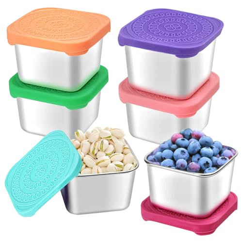 HTEVW 6Pack 6oz Stainless Steel Snack Containers for Kids, Easy Open Leak Proof Metal Toddler Snack Containers with Silicone Lids, Stackable Metal Toddler Lunch Box for Daycare, School and Travel