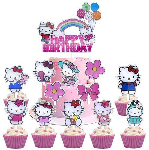 Kitty Tortendeko,Sanrio Kuchen Deko,13Pcs Sanrio Tortendeko Kuromi Kitty Cupcake Toppers,Kitty Kuchen Deko,Acryl Tortendeko Hello CatKitty Geburtstagsdeko,PQKL-party Sanrio Deko Kindergeburtstag Party