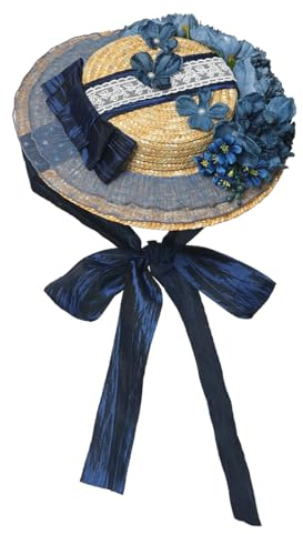 Sombrero victoriano para fiesta de té para niñas y mujeres, sombrero de paja con lazos y flores, Azul, S-M