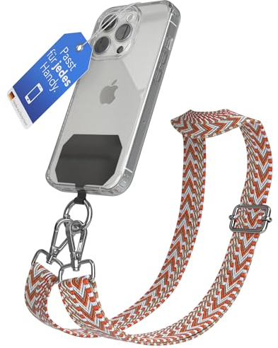 EAZY CASE - Handykette Universal zum Umhängen kompatibel mit jedem Handy Kette mit Hülle kombinierbar Handykordel mit Karabiner für Handyhülle Handyband zum Umhängen Bunt Boho Kordel Rot Blau Silber