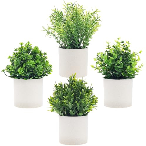 Quancru 4 Pezzi Mini Piante Artificiali Verdi in Vaso Finto Eucalipto Interno Casa Decorazione Bonsai fai da te Ufficio Tavolo Stanza Bagno