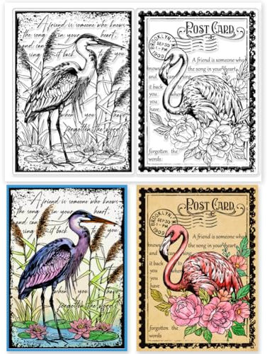 GLOBLELAND Vogel Blumen Hintergrund Klare Stempel Vintage Transparenter Silikonstempel Reiher Flamingo Vogel Pflanze Hintergrund Silikon Klares Stempelsiegel Für DIY Scrapbooking Album