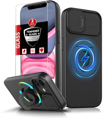 FRLMOOES for iPhone 11 Case/for iPhone XR Case Magnetic Compatible with MagSafe Wireless Charging,with 2 Screen Protectors,with Kickstand Ring+Camera Cover Shock-Absorbent Heavy Duty Protection Black