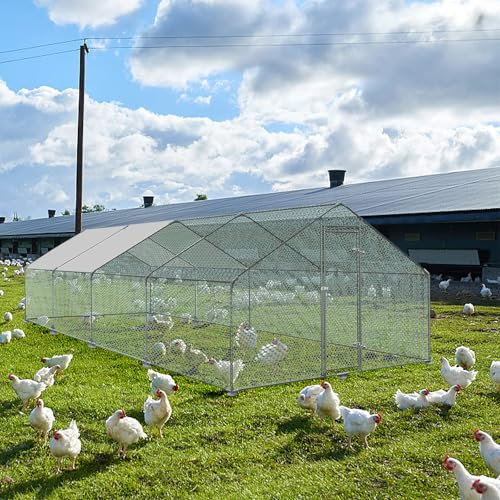 VA-Cerulean Hühnerstall Käfig, Freilaufgehege Hühner mit Schloss, Hühnerhaus Verzinkter Stahl mit PE Schatten Dach, Voliere für Hühnerkäfig Kleintiere Vogelkäfig, 8 * 3 * 2 m