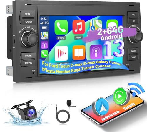 [2+64G] Android 13 Autoradio für Ford Focus C-max S-max Galaxy Fusion Fiesta Mondeo Kuga Transit Connect - 7 Zoll Touchscreen Autoradio mit Wireless CarPlay & Android Auto GPS WiFi + Rückfahrkamera