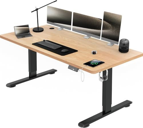 Airfish Höhenverstellbarer Schreibtisch mit USB-Buchse, Elektrisch Schreibtisch mit Kabelwanne, Computertisch, Bürotisch, Stehpult mit Erinnerung an sitzende Tätigkeiten, 160x80 cm, Beige