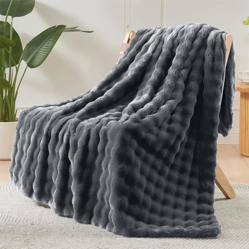 LINGKY Kuscheldecke Kaninchen Plüsch Flauschig Decke Soft Wohndecke Dick Flanell Decke Couchdecke Warme Überwurfdecke Sofadecke Tagesdecke Blanket Für Bett Sofa Schlafzimmer Dunkelgrau 130x160cm