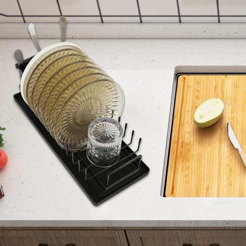 Foppla Abtropfgestell für Spülbecken, erweiterbar, klein, über der Spüle, mit Silikon-Abtropfschale, kompaktes Abtropfgestell für Küche, Theke, Küchenspüle (Stil 1, Schwarz)