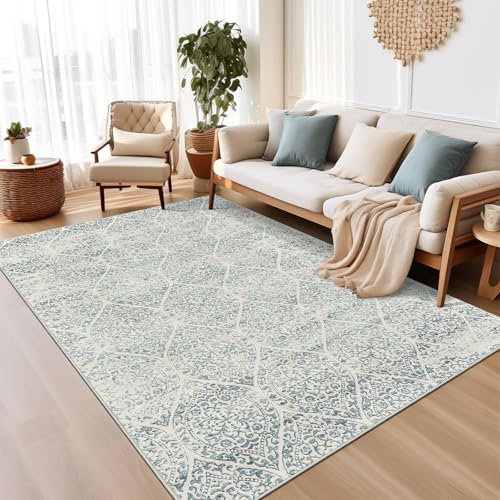 Soalmost Area Rugs Teppich, 12,7 x 17,8 cm für Wohnzimmer, Blumenmuster, waschbar, für Esszimmer, Schlafzimmer, Küche, Vintage, rutschfest, dünner Teppich, Hellblau, 1,5 x 1,8 m