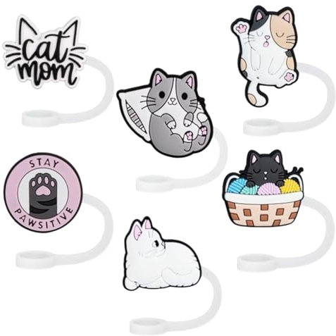 Focenat 6 Pièces Couvercles de Paille pour Tasse Stanley, 10mm Bouchon de Paille en Silicone, Couvre Paille avec Motif Chat Adorables, Capuchon de Paille Anti-Poussière pour Accessoires Stanley Cup