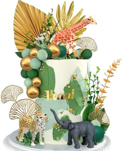 Valicaer Jungle Animal Cake Toppers,26Pcs Safari Animals Cake Decoration Happy Birthday Animals Cake Toppers Wild Cake Decoration with Palm Leaves Animals Figure for Boy Girl Birthday Party Supplies