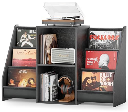 Bikoney Vinyl Record Player Stand with Storage – Turntable Table Cabinet Holds Up to 350 Albums, Media Console with CD Rack for Vinyl, Stereo & Turntable Setup (Vintage Black)