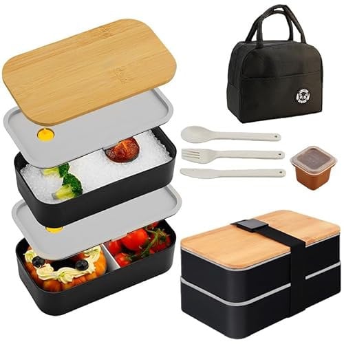Nexhyp 2 Tier Bento Box Lunch Set with Insulated Bag Cutlery - Leakproof Compartments - Stackable Lunch Box for Adults Kids, Portable Pack Lunch Box Microwave Dishwasher Safe for Work School, Black