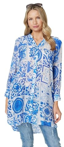 Izabel London Mosaic Print Longline Blouse Dress for Women UK with Long Sleeves and a Thigh Length Hem. Coral