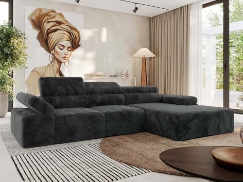 MKS MEBLE Ecksofa mit relaxfunktion elektrisch, Sofa L-Form - Rilasso - Dunkelgrau Plüsch Rechts