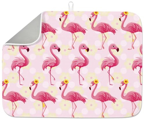 INFUNLY Pink Flamingo Dish Drying Mat for Kitchen Counter 18X24 Flowers Printed Absorbent Dish Draining Mat Large Modern Heat Resistant Coffee Bar Mats for Table Faucet Sink Coffee Bar Refrigerator