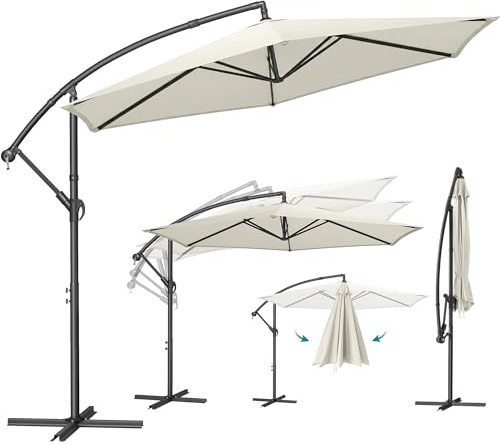 SONGMICS Sombrilla en Voladizo con Diámetro de 350 cm, con Soporte, para balcón, Protección UV UPF 50+, Manivela para Abrir y Cerrar, para Patio, Jardín, Beige GPU117LZ01