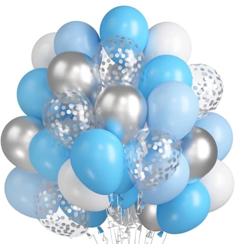 60 Stück Luftballons Blau Weiß Metallic Silber Konfetti | Matt Hellblau Weiss Helium Ballon für Geburtstag Feier Hochzeit Kinder Dusche Babyparty
