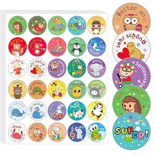 AFYRIANT 900 Stück Tier Belohnungsaufkleber, 25mm Motivationsaufkleber für Kinder, 30Muster Selbstklebende Lehrer Belohnung Aufkleber, Deutsch Belohnungssticker Reward Stickers, Grundschule Sticker