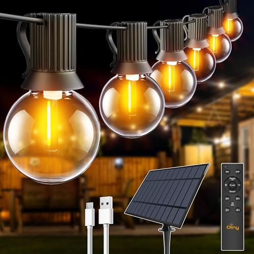 Ollny Solar Lights Outdoor Garden 30m Festoon Light 45+2 G40 Bulbs Remote | Waterproof, Shatterproof, USB LED String with 3 Modes, Lighting for Outside Pergola Gazebo Patio Yard Porch Party Decor