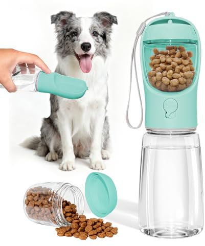 Liphier Botella Perro Portátil 2-en-1 para Senderismo Pasear (Verde, 550ml) | con recipiente de alimento de 100 g, doble diseño antifugas, sin BPA, fácil manejo, varios colores disponibles