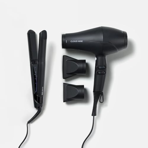 CLOUD NINE The Original Iron Black Hair Straightener + Airshot Hair Dryer Giftset | Variable Temperature Control Quick Heat Touch Technology Sericite | Fast Compact 2000w All Hair Types