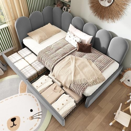 IHO SOFA Einzelbett Kinderbett Tagesbett 90x200cm mit Schubladen & Stauraum | Stauraumbett, Schlafbett in Samt | Mit Lattenrost, für Jugendzimmer & Gästezimmer, Grau (Ohne Matratze)