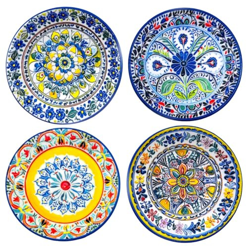 ROCKING GIFTS Set De 4 Platos Decorativos De Cerámica 16 cm Diseño Floral Multicolor para Decoración De Pared Cocina O Salón