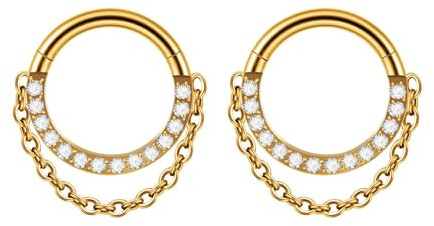 Homxi 2 Stück Nasenpiercing Ringe Gold 16 Gauge (1.2x8mm), Hoop mit Kettenquasten und Zirkonia, G23 Titan Herren Nasenpiercing