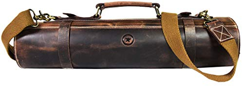 Leather Roll Knife Storage Bag | Elastic and Expandable 10 Pockets | Adjustable/Detachable Shoulder Strap | Travel-Friendly Chef Knife Case Roll by Aaron Leather Goods (Walnut)