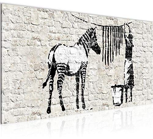Runa Art Wandbild Banksy Washing Zebra 1 Teilig 100 x 40 cm Modern Bild auf Vlies Leinwand Street Art Loft Wohnzimmer Weiss 012912a