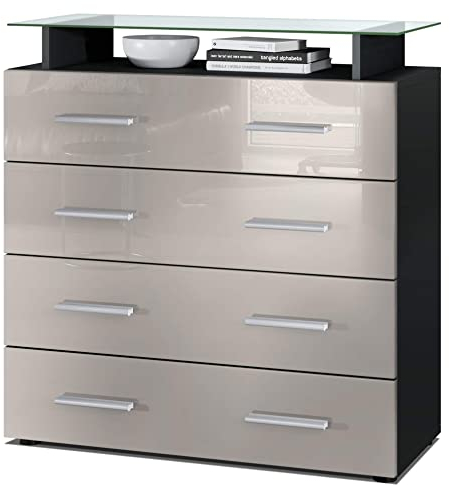 Vladon Sideboard Pavos V2, Kommode mit 4 Schubladen und Glasablage, Schwarz matt/Sandgrau Hochglanz (76 x 81 x 35 cm)