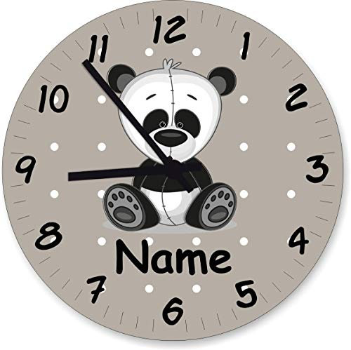 Shirtinstyle Wanduhr Kinderzimmeruhr Panda Bär mit Wunschnamen Geschenk Uhr Kinder Handmade, 29cm, Farbe Pastellbeige