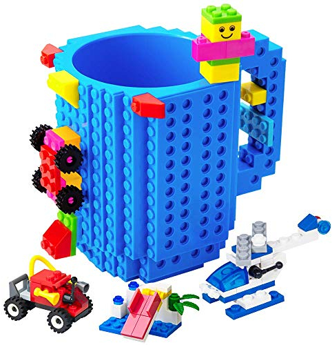 bomenne Build-on Brick Tassen Kaffeebecher, lustige Neuheit Kaffeetasse, Kreative DIY Kaffeetasse Baustein Trinken Geschenk, Blau