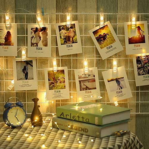 Filo 10 luci LED bianco caldo con mollette a batteria per 10 Foto Clip Stringa Illuminazione, 200 cm per Giardini, Casa, Matrimonio, Festa di Natale, albero di natale, Compleanno