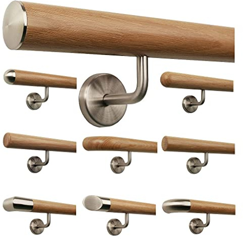 TIBU Eiche Holz Handlauf Geländer 0,3m - 6m, Länge 100 cm, Ende leicht gewölbte Edelstahlkappe und 2 gewinkelte Halter